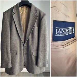 Lands’ End Herringbone Wool Blend Blazer Jacket Men’s 42R Gray Brown Classic Spo